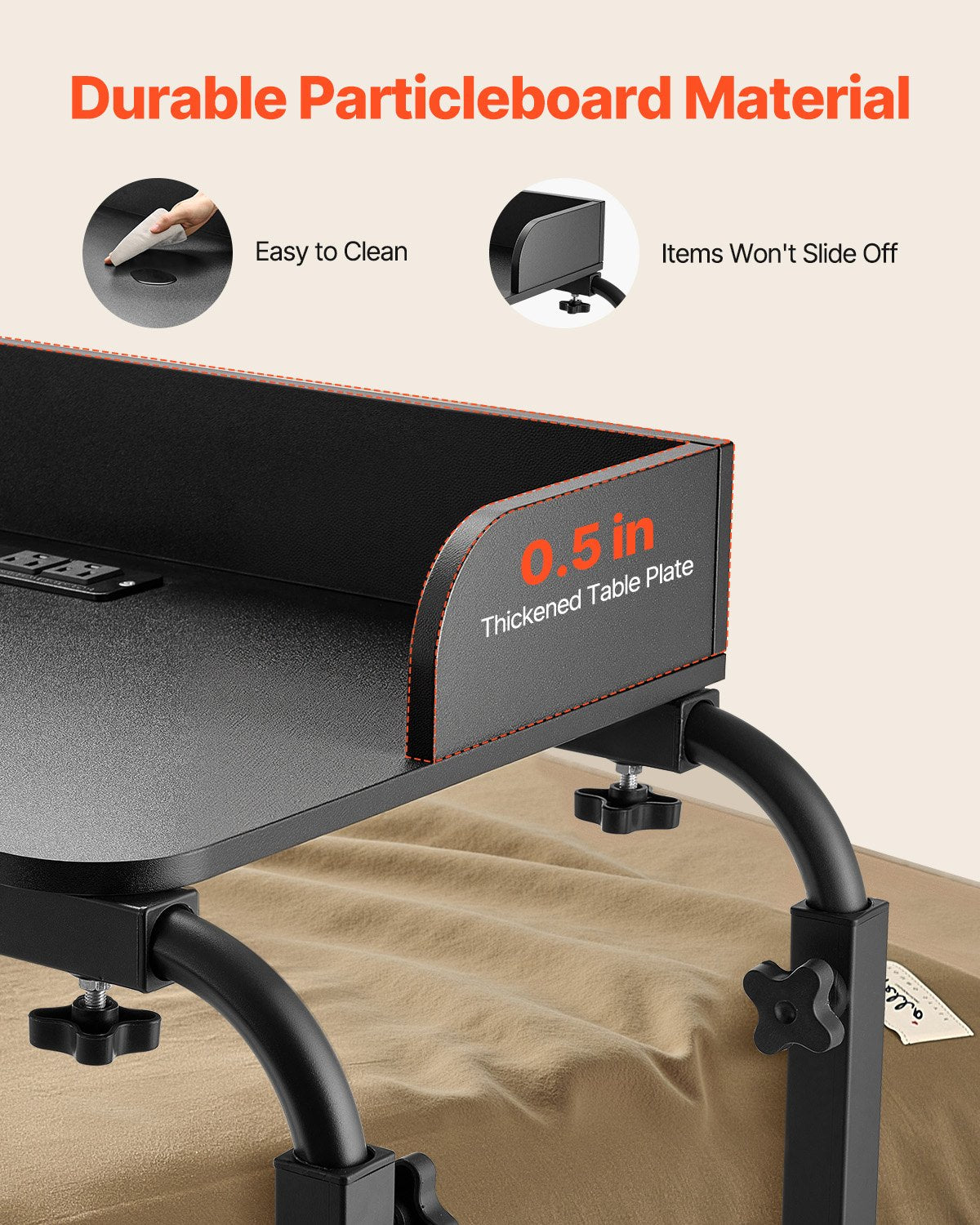 Overbed Table, Mobile Bed Side Table with 4 Wheels (2 with Brakes) and Power Socket, Height Adjustable Rolling Laptop Desk, Portable Particleboard Over Bed Desk for Home, Office, Study, Black