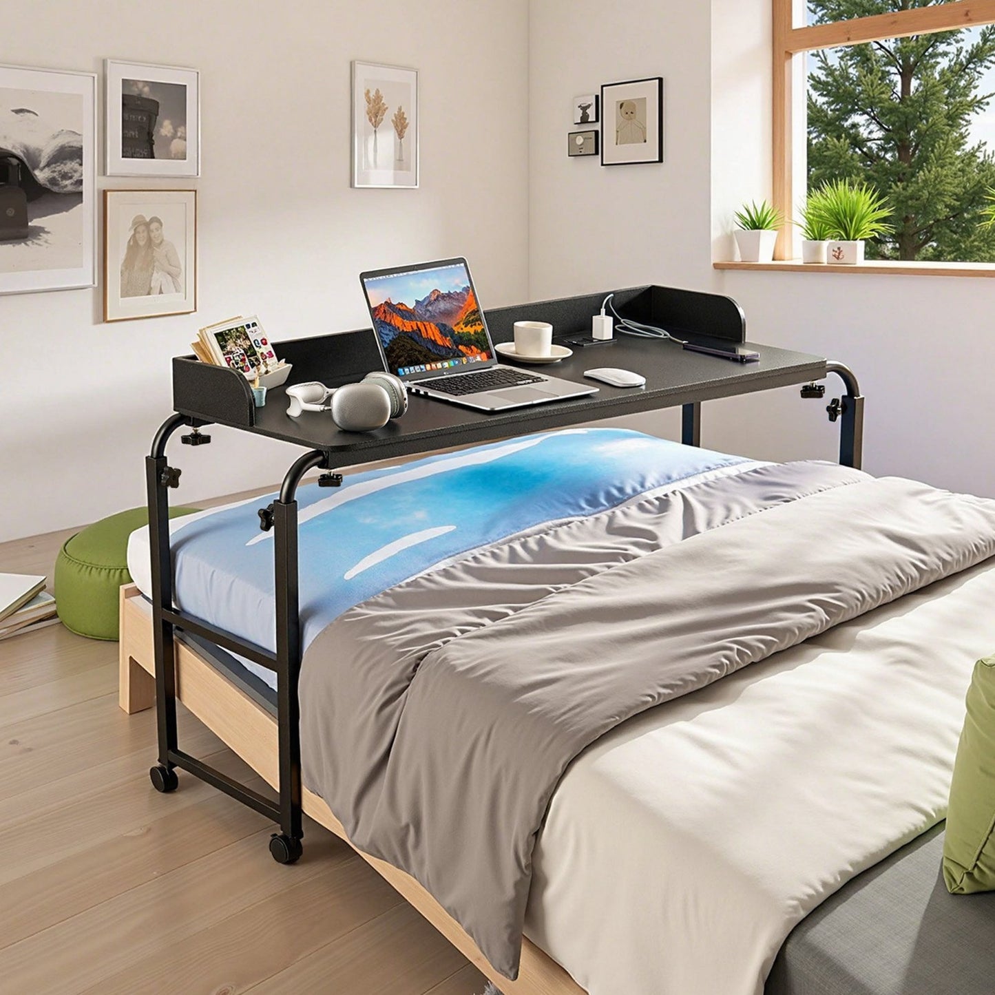 Overbed Table, Mobile Bed Side Table with 4 Wheels (2 with Brakes) and Power Socket, Height Adjustable Rolling Laptop Desk, Portable Particleboard Over Bed Desk for Home, Office, Study, Black