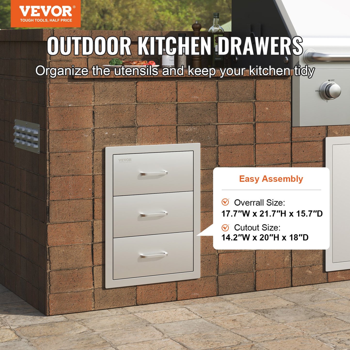 Outdoor Kitchen Drawers 16\" W x 21.5\" H x 18\" D, Flush Mount Triple Access BBQ Drawers with Stainless Steel Handle, BBQ Island Drawers for Outdoor Kitchens or BBQ Island Patio Grill Station