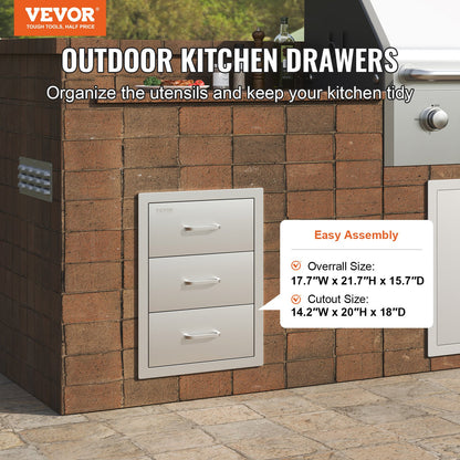 Outdoor Kitchen Drawers 16\" W x 21.5\" H x 18\" D, Flush Mount Triple Access BBQ Drawers with Stainless Steel Handle, BBQ Island Drawers for Outdoor Kitchens or BBQ Island Patio Grill Station