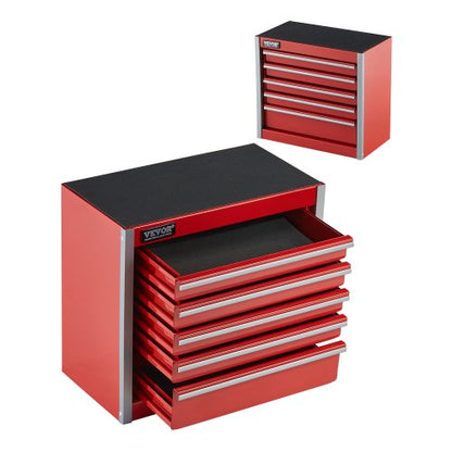 Metal Tool Box, 8.6-inch, Portable Metal Tool Box with 5 Drawers, Small Tool Chest with EVA Liners and PP Feet Pads, Heavy-Duty Steel With Ball Bearing Opening and Powder Coated Finish, Red