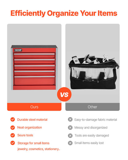 Metal Tool Box, 8.6-inch, Portable Metal Tool Box with 5 Drawers, Small Tool Chest with EVA Liners and PP Feet Pads, Heavy-Duty Steel With Ball Bearing Opening and Powder Coated Finish, Red