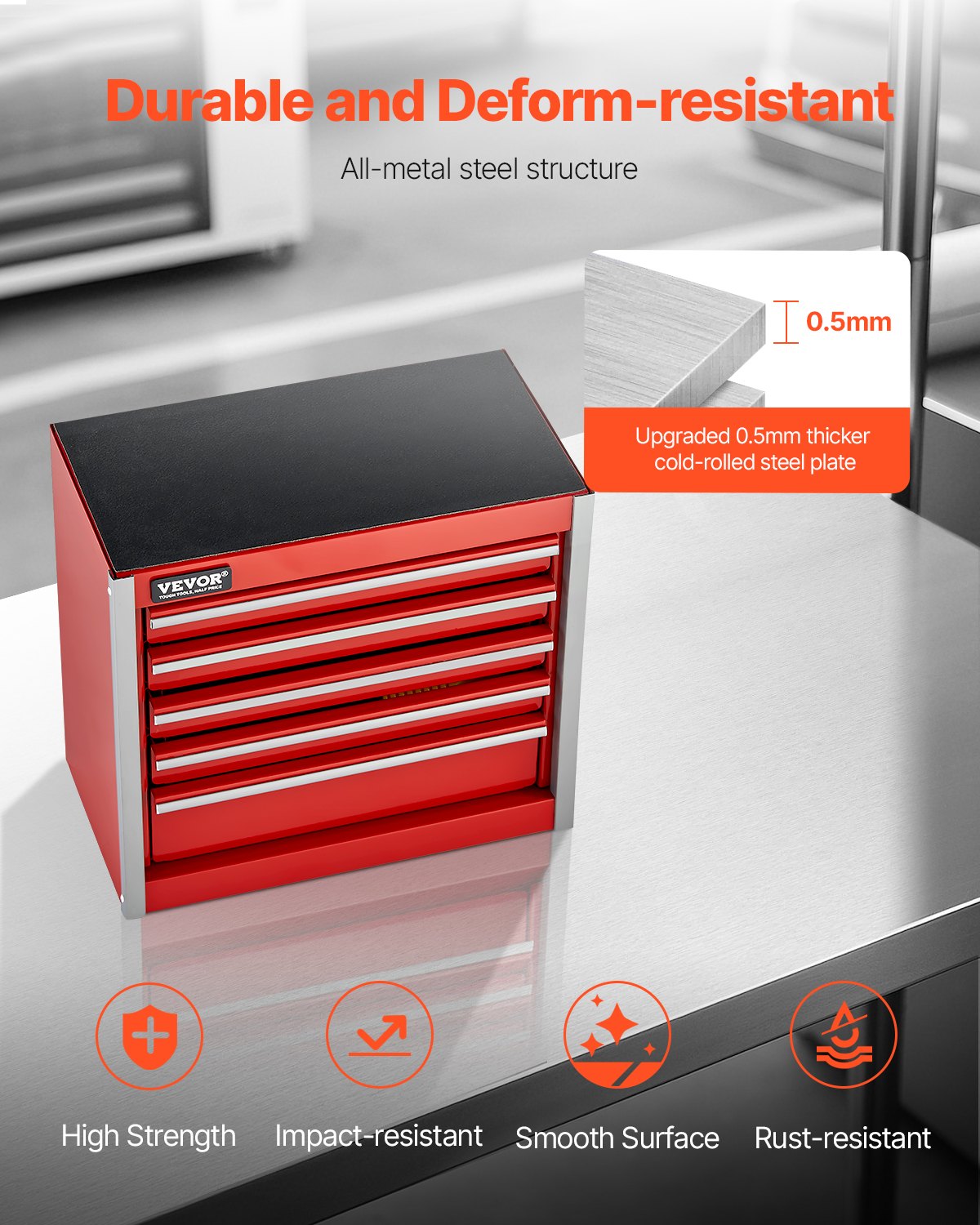 Metal Tool Box, 8.6-inch, Portable Metal Tool Box with 5 Drawers, Small Tool Chest with EVA Liners and PP Feet Pads, Heavy-Duty Steel With Ball Bearing Opening and Powder Coated Finish, Red