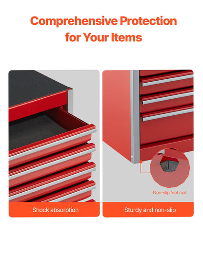 Metal Tool Box, 8.6-inch, Portable Metal Tool Box with 5 Drawers, Small Tool Chest with EVA Liners and PP Feet Pads, Heavy-Duty Steel With Ball Bearing Opening and Powder Coated Finish, Red
