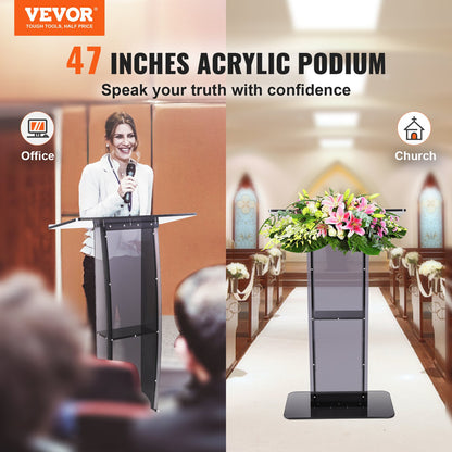 Acrylic Podium, 119 cm Tall, Acrylic Podium Stand with Wide Reading Surface & Storage Shelf, Floor-standing Clear Pulpits Acrylic for Church Office School, Black