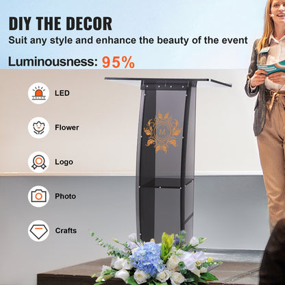 Acrylic Podium, 119 cm Tall, Acrylic Podium Stand with Wide Reading Surface & Storage Shelf, Floor-standing Clear Pulpits Acrylic for Church Office School, Black