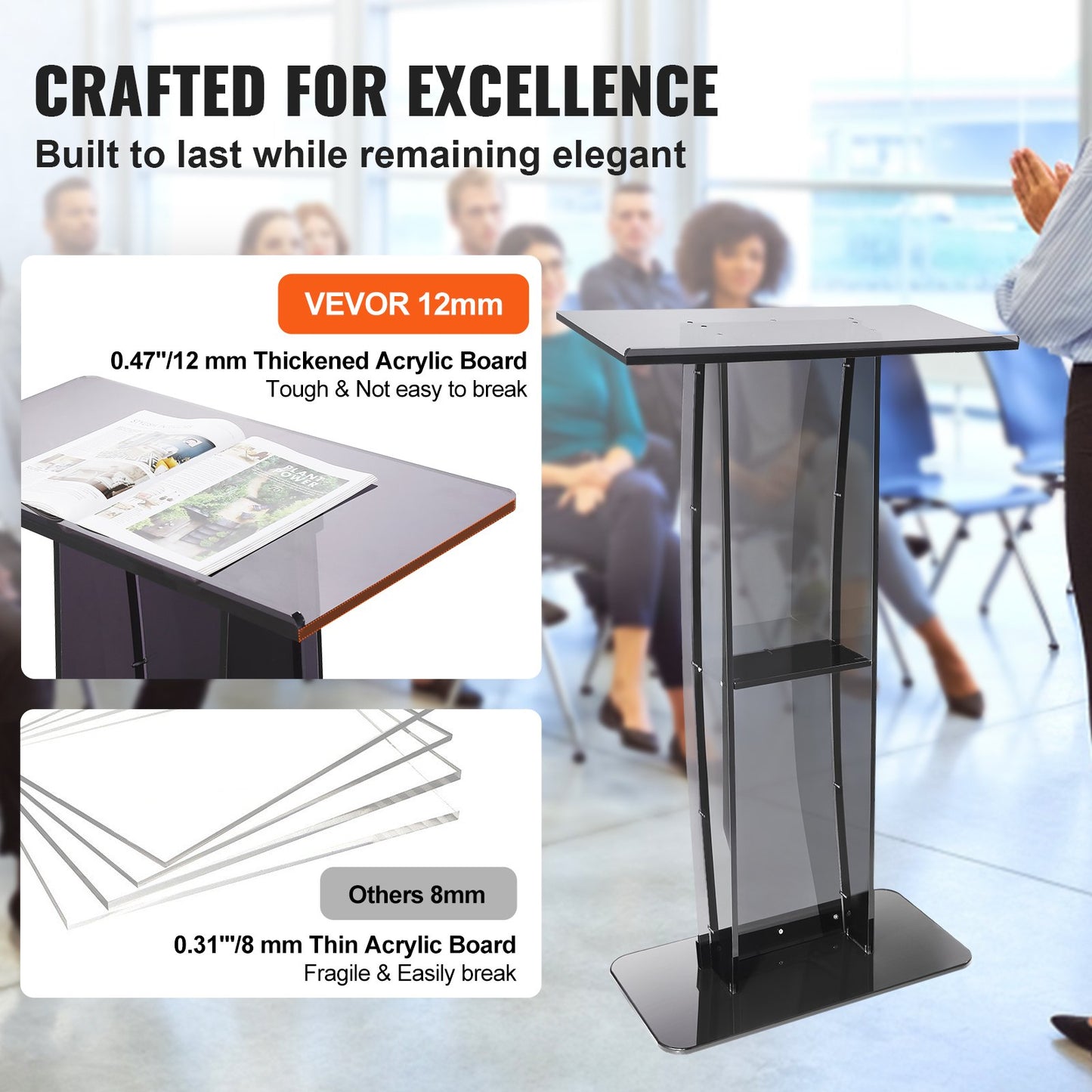 Acrylic Podium, 119 cm Tall, Acrylic Podium Stand with Wide Reading Surface & Storage Shelf, Floor-standing Clear Pulpits Acrylic for Church Office School, Black