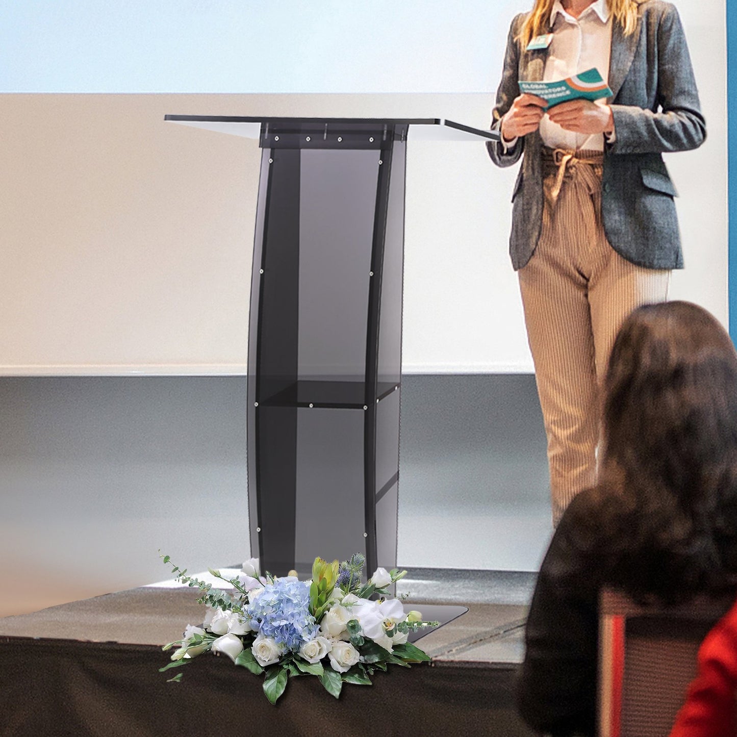 Acrylic Podium, 119 cm Tall, Acrylic Podium Stand with Wide Reading Surface & Storage Shelf, Floor-standing Clear Pulpits Acrylic for Church Office School, Black