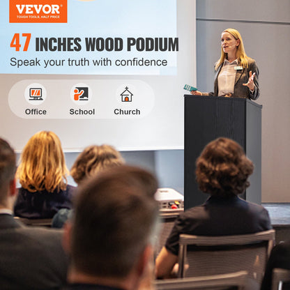 Rednerpult, 119 cm hoch, mit 4 Rollen, Holzpodest mit Ablagefächern und schräger Tischplatte, geeignet für Kirche, Büro, Schule und Zuhause, Schwarz