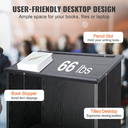 Rednerpult, 119 cm hoch, mit 4 Rollen, Holzpodest mit Ablagefächern und schräger Tischplatte, geeignet für Kirche, Büro, Schule und Zuhause, Schwarz