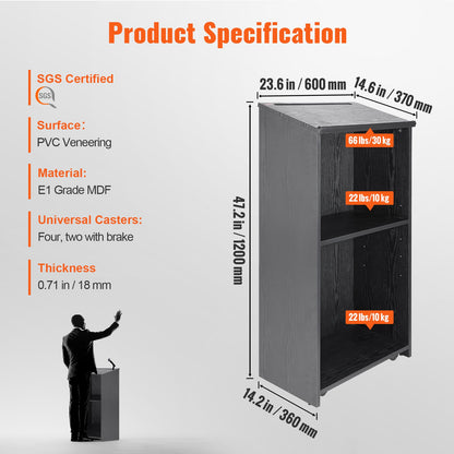 Rednerpult, 119 cm hoch, mit 4 Rollen, Holzpodest mit Ablagefächern und schräger Tischplatte, geeignet für Kirche, Büro, Schule und Zuhause, Schwarz