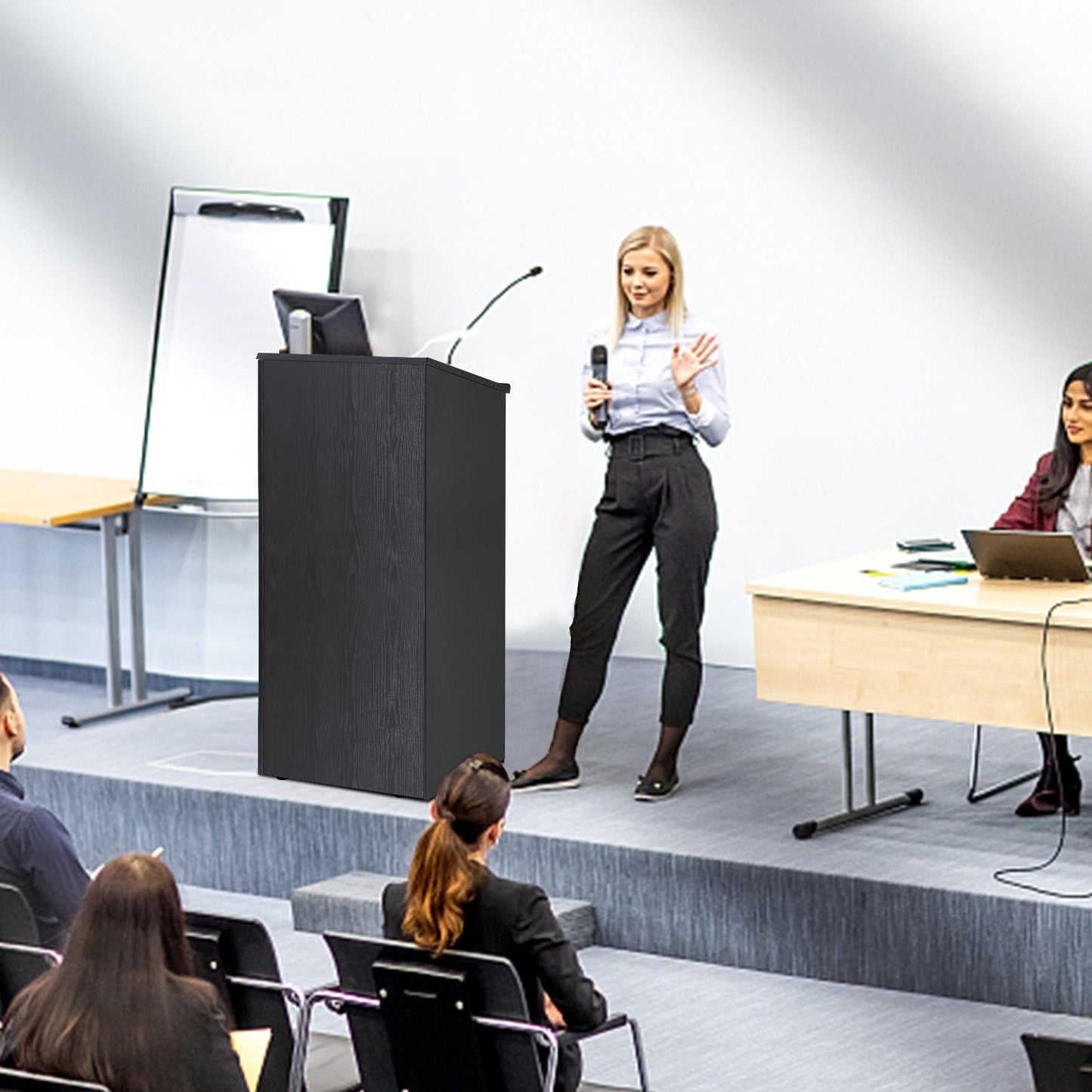 Rednerpult, 119 cm hoch, mit 4 Rollen, Holzpodest mit Ablagefächern und schräger Tischplatte, geeignet für Kirche, Büro, Schule und Zuhause, Schwarz