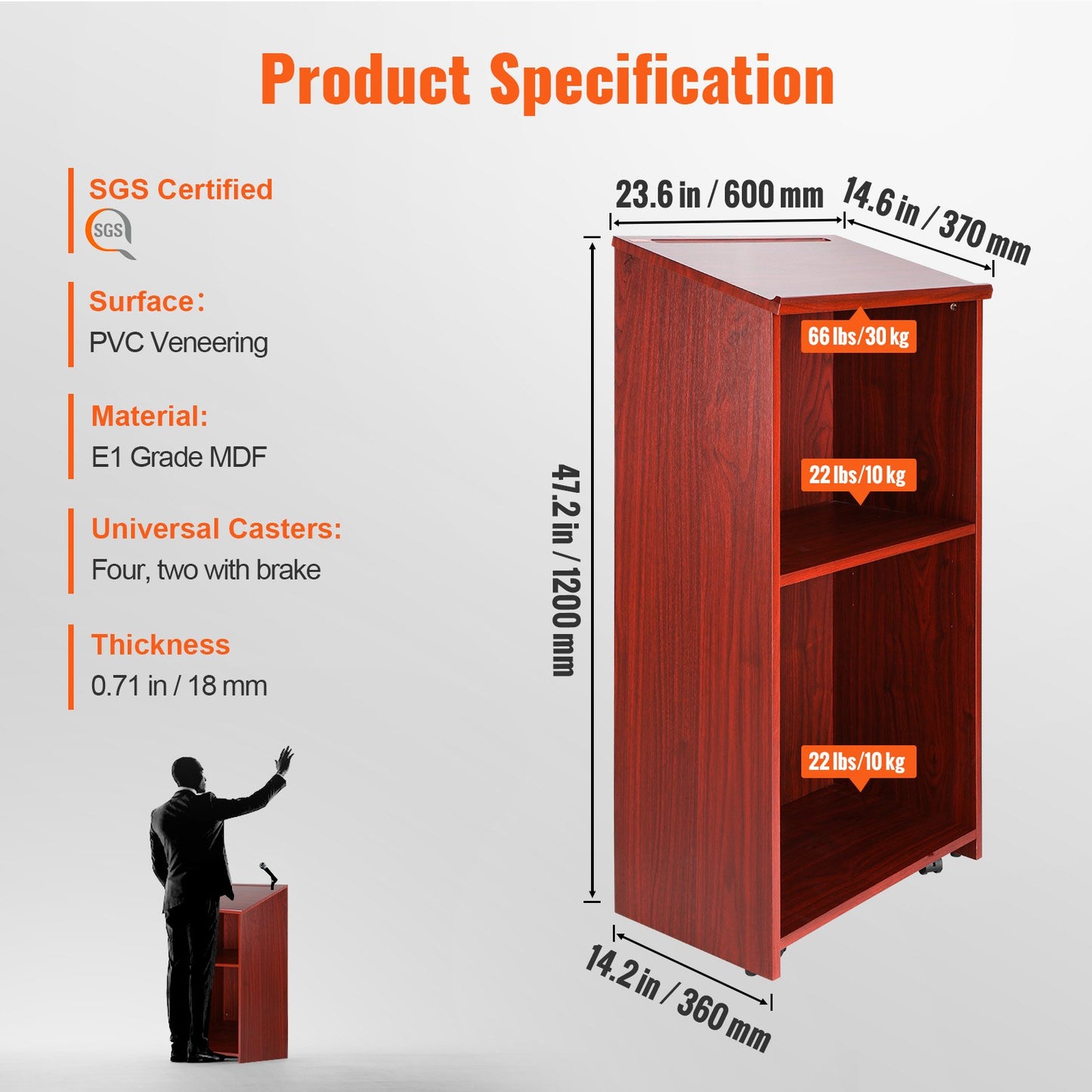 Podium Stand, 47 in Hostess Stand with 4 Rolling Wheels, Wood Podium with Storage Shelves, and Slant Desktop, Lecterns & Podiums for Church, Office, School, Home, Brown