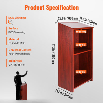 Podium Stand, 47 in Hostess Stand with 4 Rolling Wheels, Wood Podium with Storage Shelves, and Slant Desktop, Lecterns & Podiums for Church, Office, School, Home, Brown