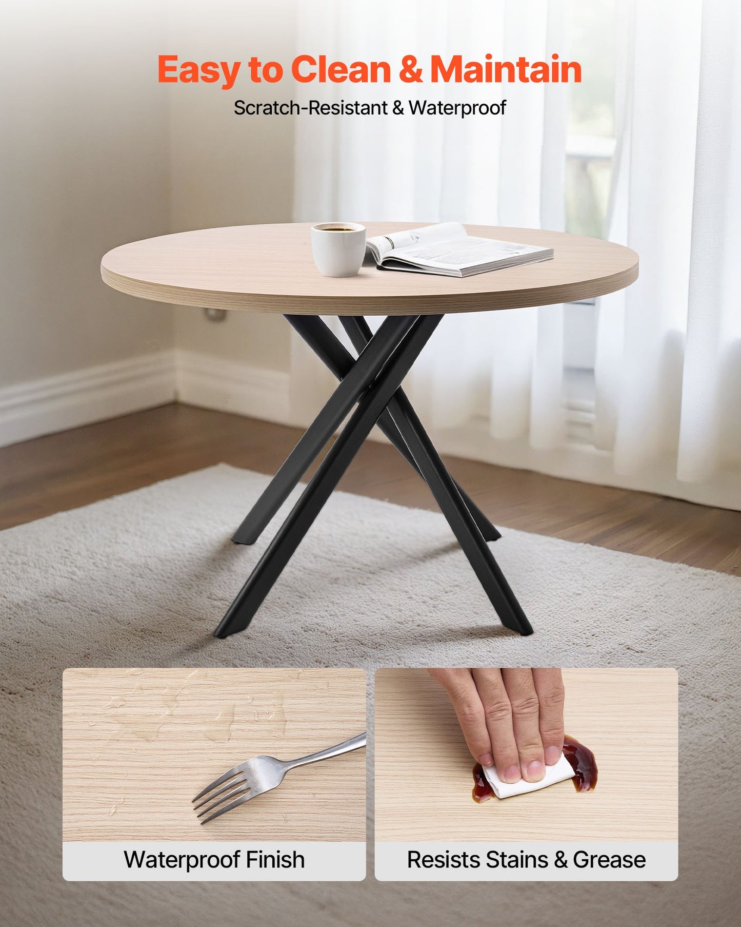 5-Piece Dining Table Set, Space-Saving Round Kitchen Table with 4 Upholstered Orange Chairs, PU Leather Cushions, Modern Wood-Tone Desk with Adjustable Foot Pads for Dining Room, Small Spaces