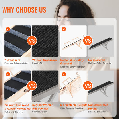 Dog Ramp, Folding Pet Ramp for Bed, Adjustable Dog Ramp for Small, Large, Old Dogs & Cats, Wooden Pet Ramp with 120 cm Long Ramp, Adjustable from 35 cm to 70 cm, Suitable for Couch, Sofa, Car