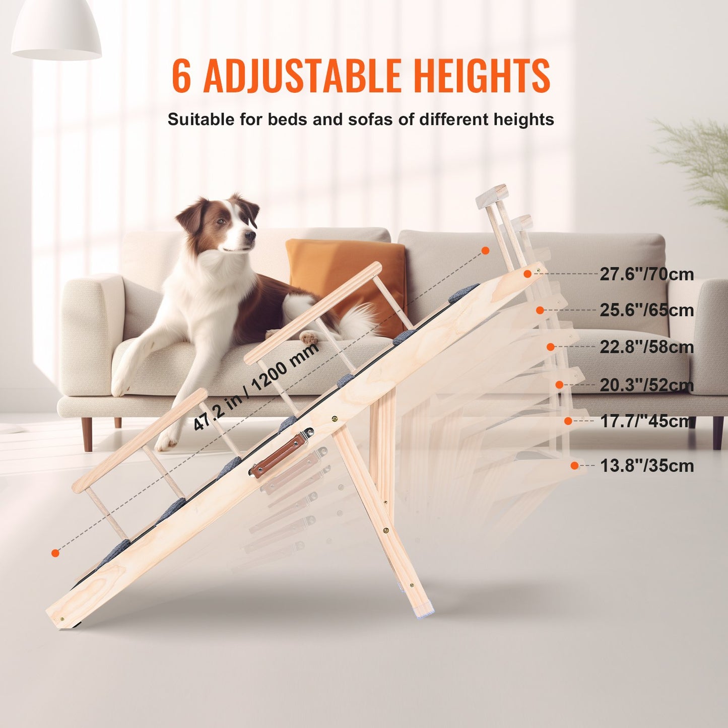 Dog Ramp, Folding Pet Ramp for Bed, Adjustable Dog Ramp for Small, Large, Old Dogs & Cats, Wooden Pet Ramp with 120 cm Long Ramp, Adjustable from 35 cm to 70 cm, Suitable for Couch, Sofa, Car