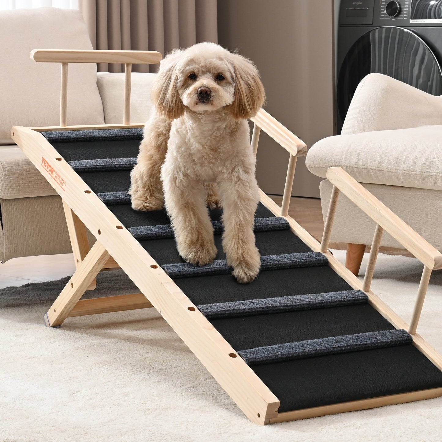Dog Ramp, Folding Pet Ramp for Bed, Adjustable Dog Ramp for Small, Large, Old Dogs & Cats, Wooden Pet Ramp with 120 cm Long Ramp, Adjustable from 35 cm to 70 cm, Suitable for Couch, Sofa, Car