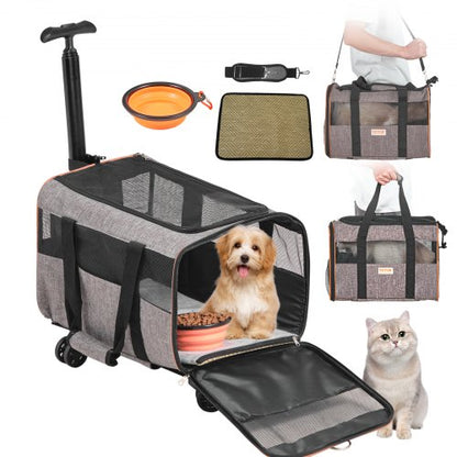 Katzentransportbox mit Rollen, flugtaugliche Transportbox mit Teleskopgriff und Schultergurt, Hundetransportbox mit Rollen für Haustiere unter 10 kg, inklusive 1 faltbarem Napf, Grau
