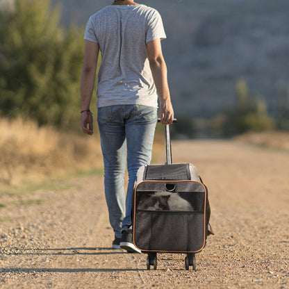 Katzentransportbox mit Rollen, flugtaugliche Transportbox mit Teleskopgriff und Schultergurt, Hundetransportbox mit Rollen für Haustiere unter 10 kg, inklusive 1 faltbarem Napf, Grau