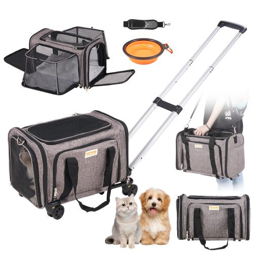 Katzentransportbox mit Rollen, flugtaugliche Transportbox mit Teleskopgriff und Schultergurt, Hundetransportbox mit Rollen für Haustiere unter 11 kg, inklusive 1 faltbarem Napf, Grau
