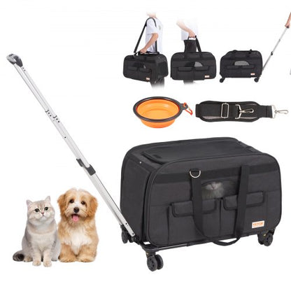 Cat Carrier with Wheels, Rolling Pet Carrier with Telescopic Handle and Shoulder Strap, Dog Carrier with Wheels for Pets under 15.9 kg, with 1 Folding Bowl, Black