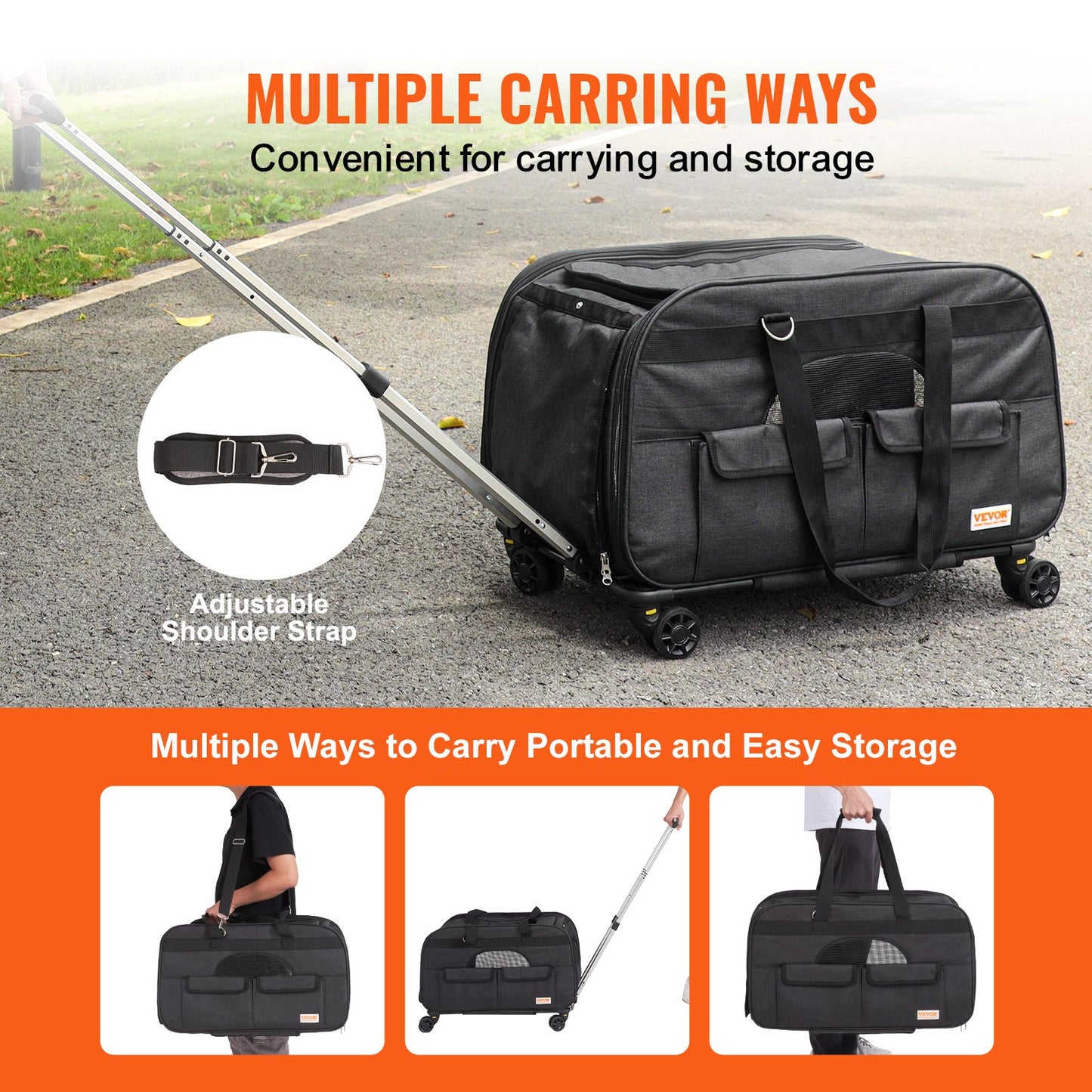 Cat Carrier with Wheels, Rolling Pet Carrier with Telescopic Handle and Shoulder Strap, Dog Carrier with Wheels for Pets under 15.9 kg, with 1 Folding Bowl, Black