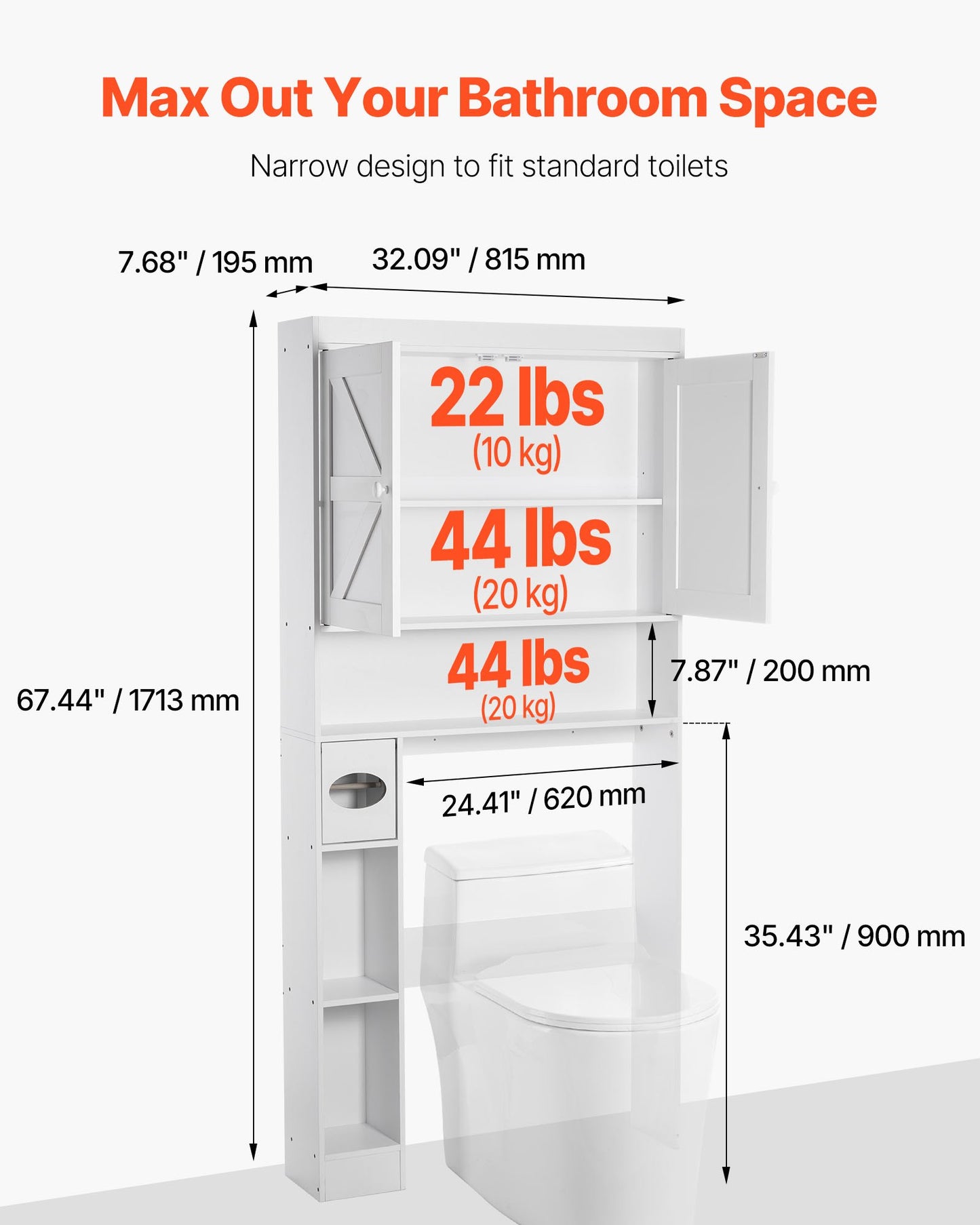 Over The Toilet Storage Cabinet, 171.3 cm Height Bathroom Storage Organizer with Double Door and Adjustable Shelf, Bathroom Space Saver Organizer Above Toilet with Open Shelf, White