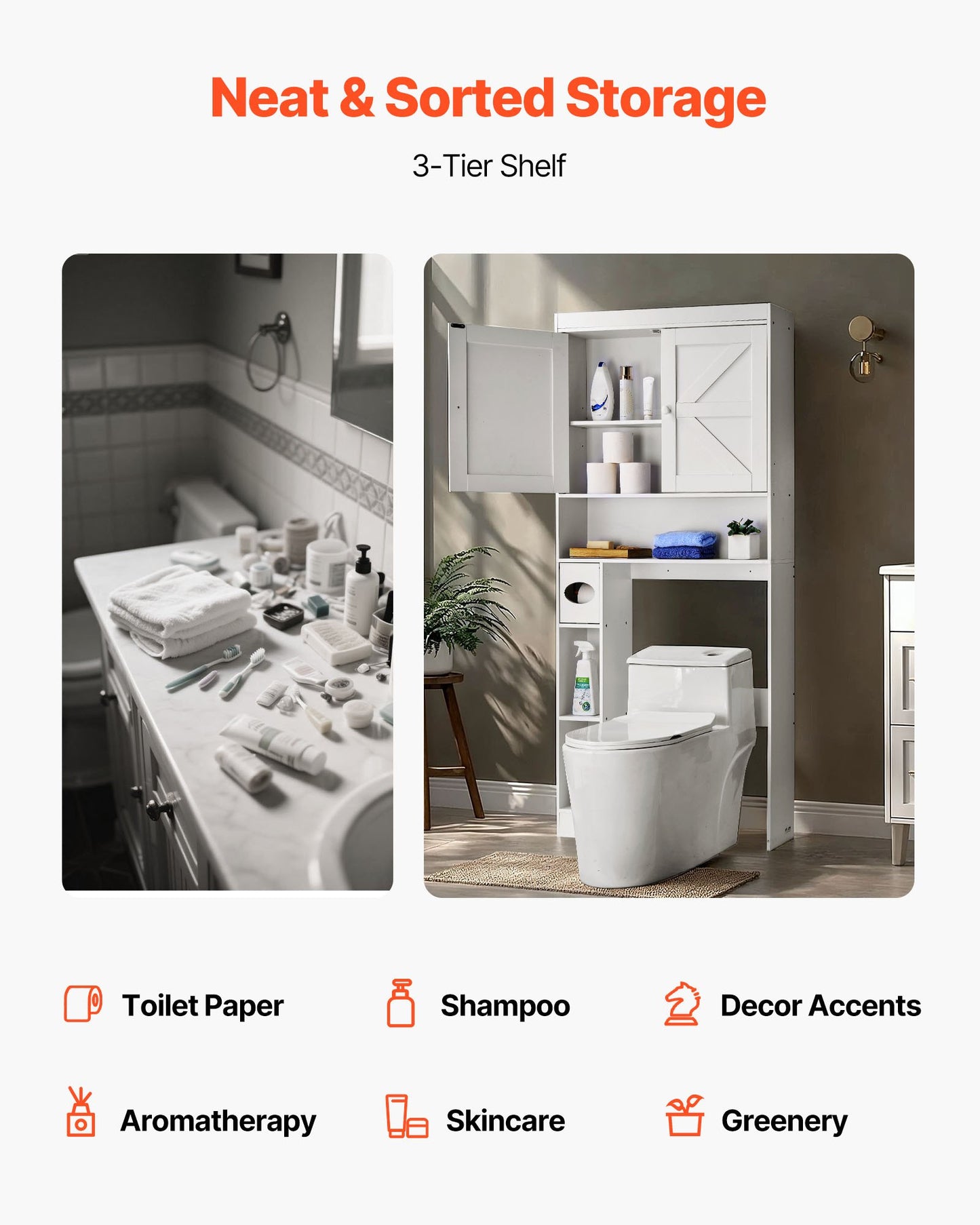 Over The Toilet Storage Cabinet, 171.3 cm Height Bathroom Storage Organizer with Double Door and Adjustable Shelf, Bathroom Space Saver Organizer Above Toilet with Open Shelf, White