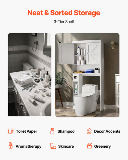 Over The Toilet Storage Cabinet, 171.3 cm Height Bathroom Storage Organizer with Double Door and Adjustable Shelf, Bathroom Space Saver Organizer Above Toilet with Open Shelf, White