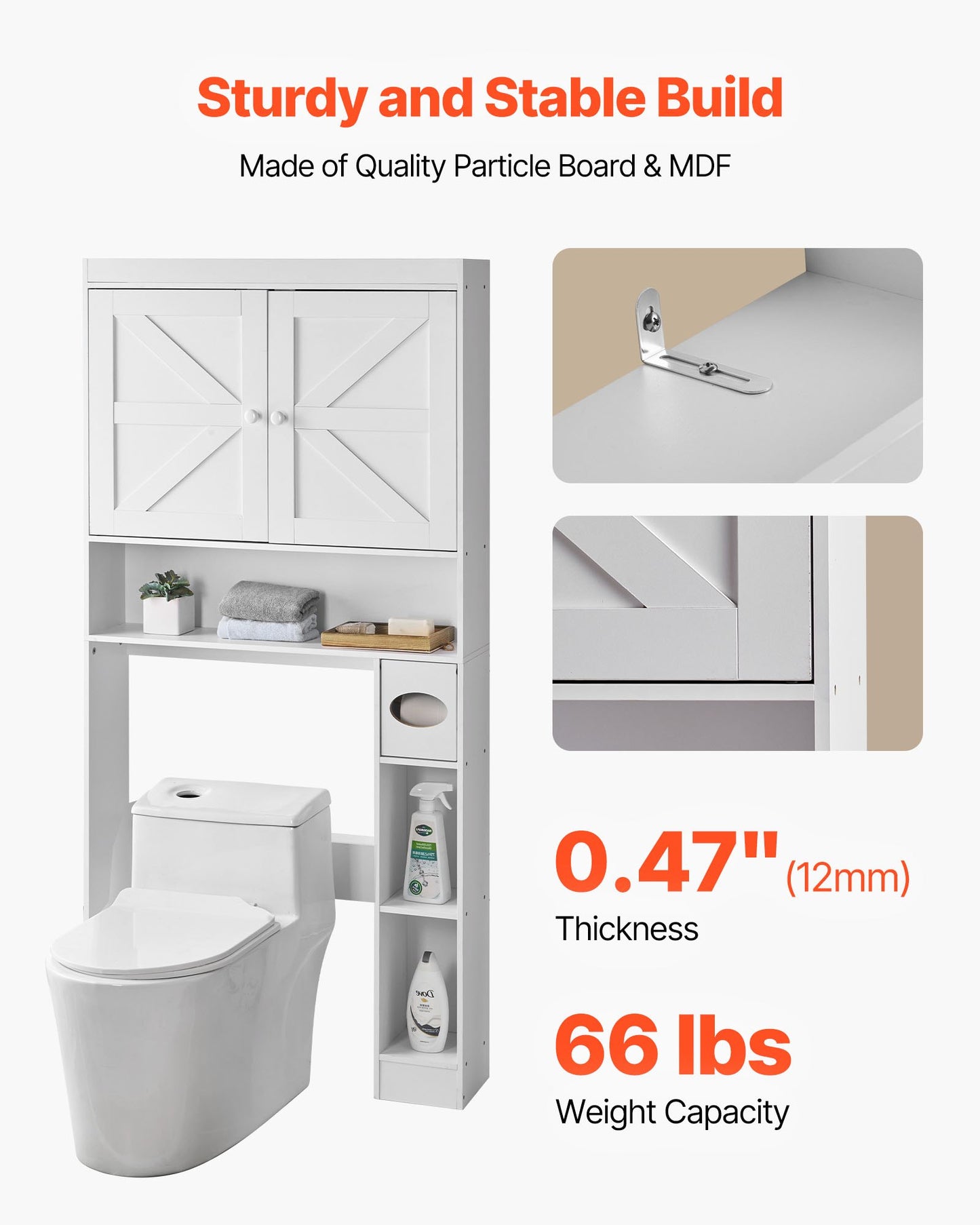 Over The Toilet Storage Cabinet, 171.3 cm Height Bathroom Storage Organizer with Double Door and Adjustable Shelf, Bathroom Space Saver Organizer Above Toilet with Open Shelf, White