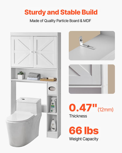 Over The Toilet Storage Cabinet, 171.3 cm Height Bathroom Storage Organizer with Double Door and Adjustable Shelf, Bathroom Space Saver Organizer Above Toilet with Open Shelf, White