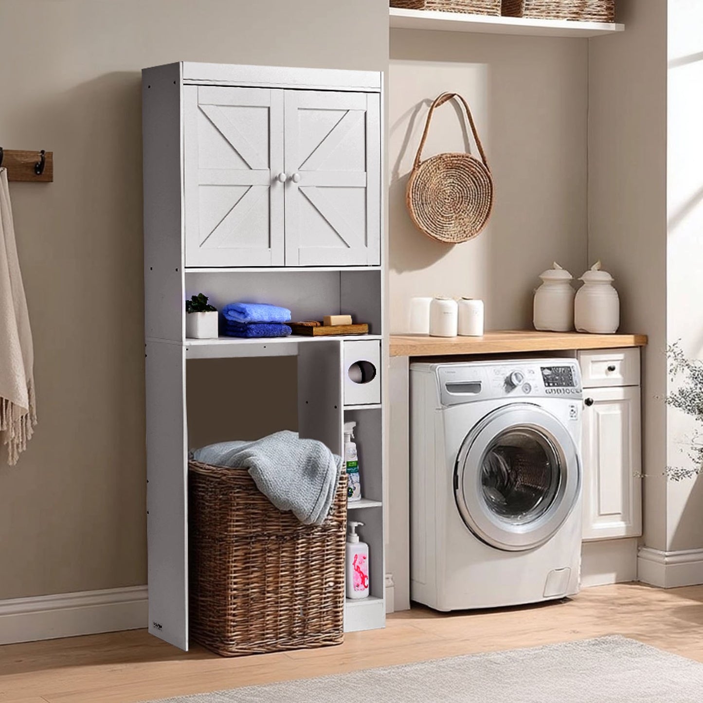 Over The Toilet Storage Cabinet, 171.3 cm Height Bathroom Storage Organizer with Double Door and Adjustable Shelf, Bathroom Space Saver Organizer Above Toilet with Open Shelf, White