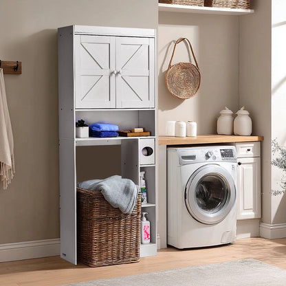 Over The Toilet Storage Cabinet, 171.3 cm Height Bathroom Storage Organizer with Double Door and Adjustable Shelf, Bathroom Space Saver Organizer Above Toilet with Open Shelf, White