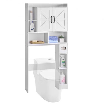 Over The Toilet Storage Cabinet, 168 cm Height Bathroom Storage Organizer with Double Door and Adjustable Shelf, Bathroom Space Saver Organizer Above Toilet with Open Shelf, White