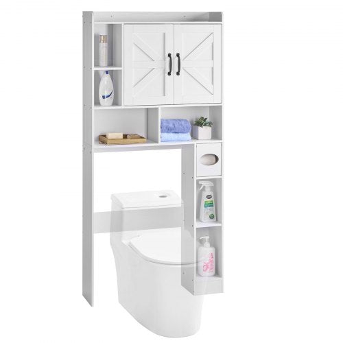 Over The Toilet Storage Cabinet, 168 cm Height Bathroom Storage Organizer with Double Door and Adjustable Shelf, Bathroom Space Saver Organizer Above Toilet with Open Shelf, White
