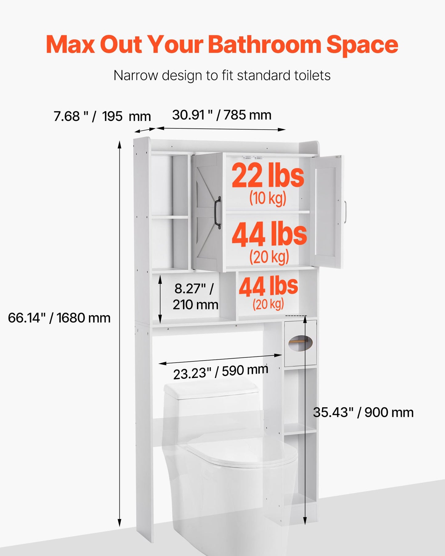 Over The Toilet Storage Cabinet, 168 cm Height Bathroom Storage Organizer with Double Door and Adjustable Shelf, Bathroom Space Saver Organizer Above Toilet with Open Shelf, White
