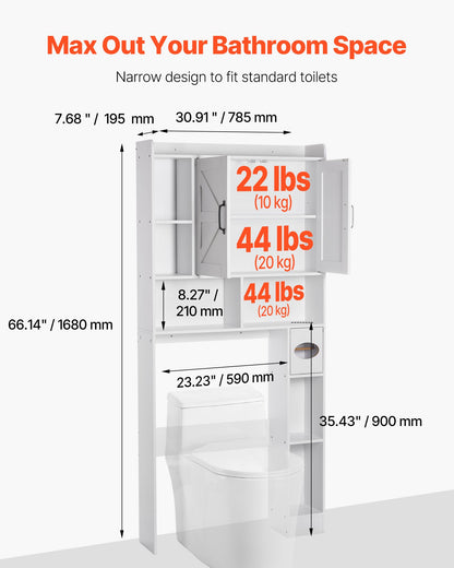 Over The Toilet Storage Cabinet, 168 cm Height Bathroom Storage Organizer with Double Door and Adjustable Shelf, Bathroom Space Saver Organizer Above Toilet with Open Shelf, White