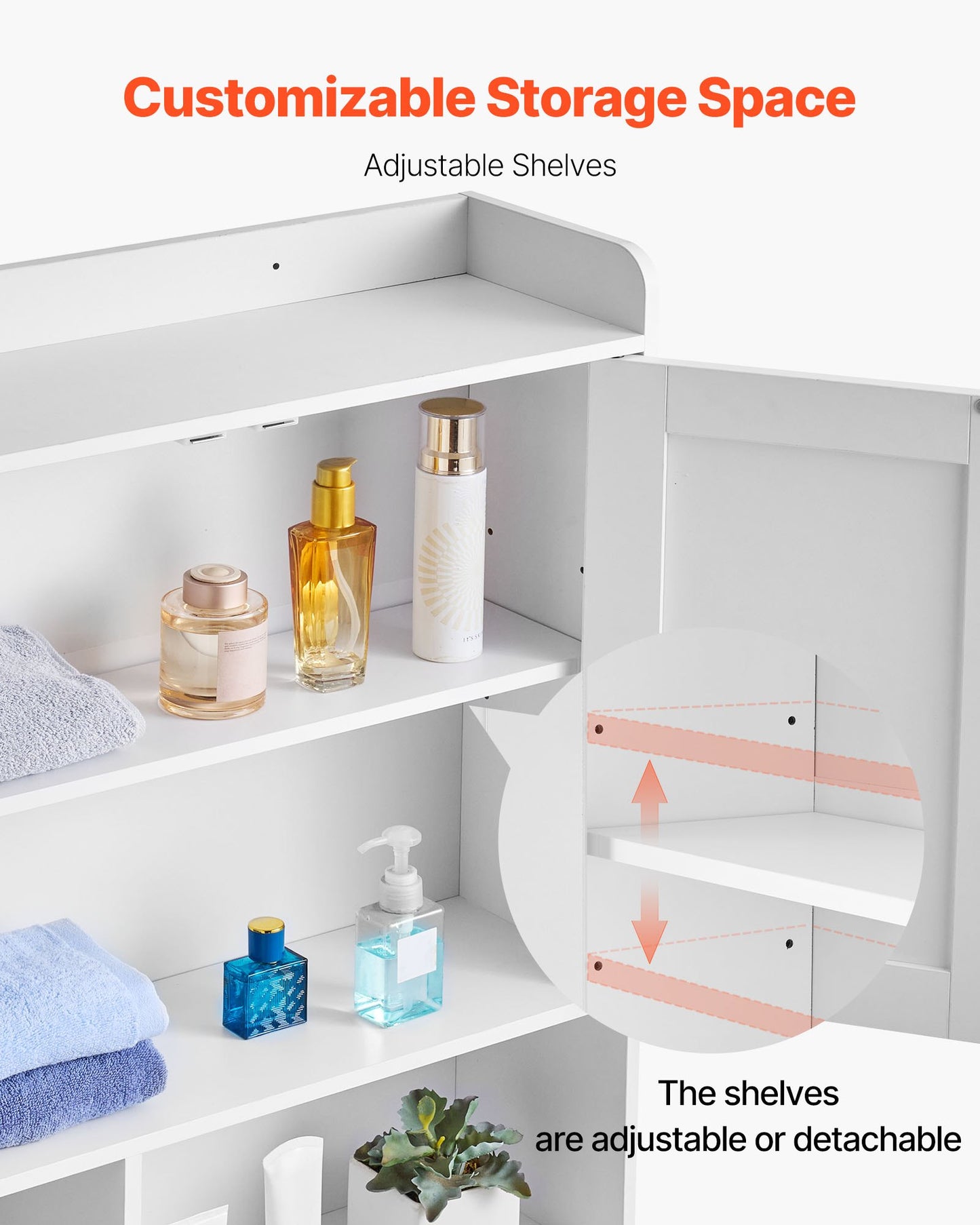 Over The Toilet Storage Cabinet, 168 cm Height Bathroom Storage Organizer with Double Door and Adjustable Shelf, Bathroom Space Saver Organizer Above Toilet with Open Shelf, White