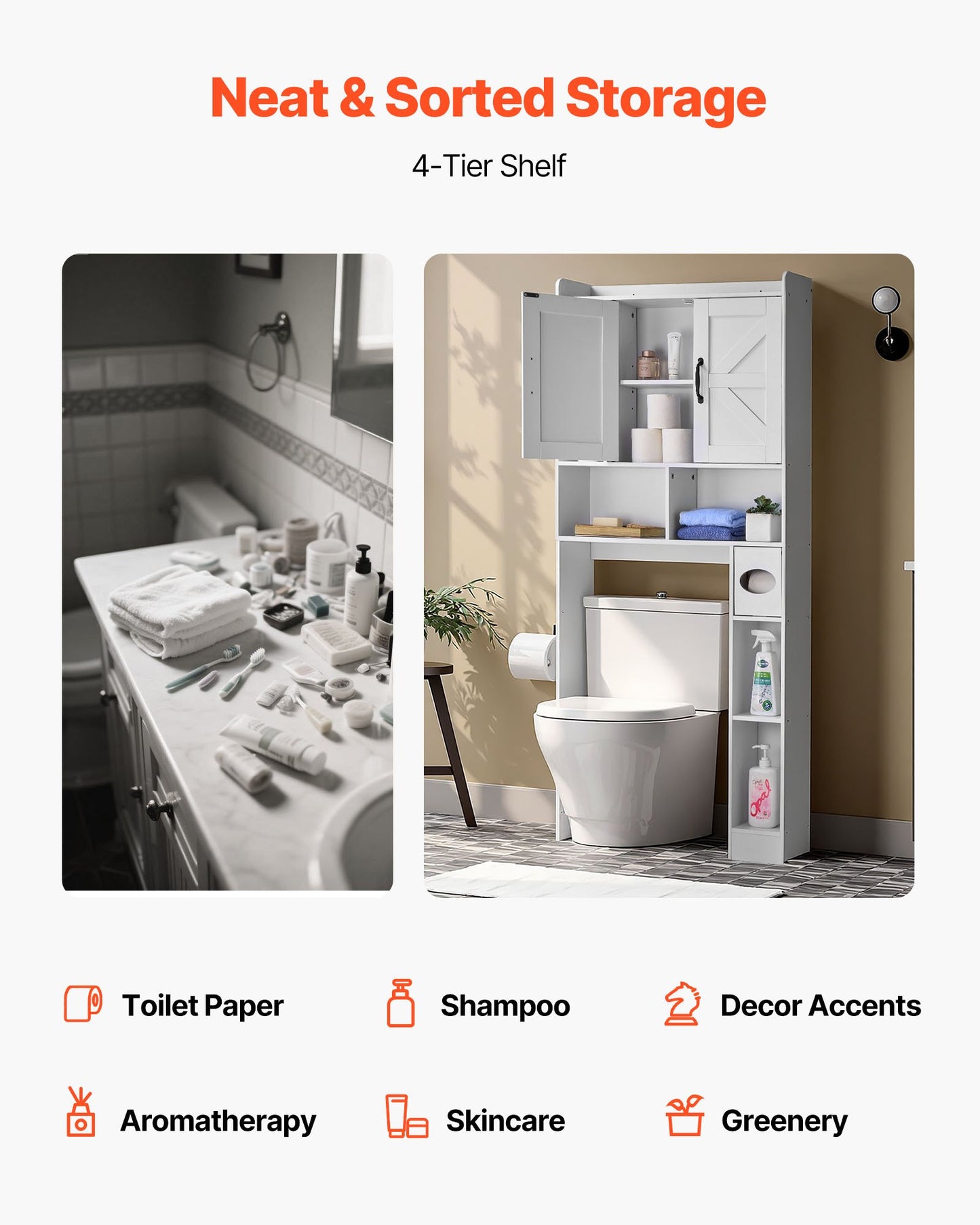 Over The Toilet Storage Cabinet, 168 cm Height Bathroom Storage Organizer with Double Door and Adjustable Shelf, Bathroom Space Saver Organizer Above Toilet with Open Shelf, White