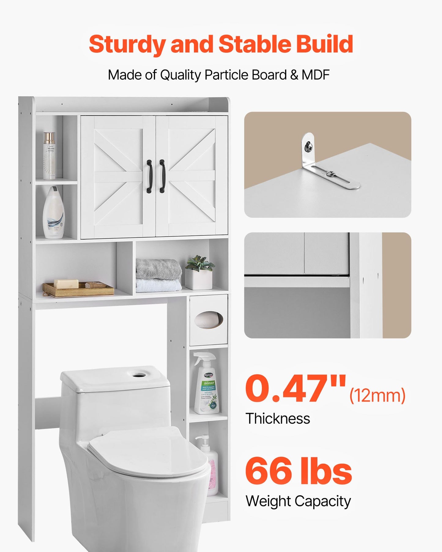 Over The Toilet Storage Cabinet, 168 cm Height Bathroom Storage Organizer with Double Door and Adjustable Shelf, Bathroom Space Saver Organizer Above Toilet with Open Shelf, White
