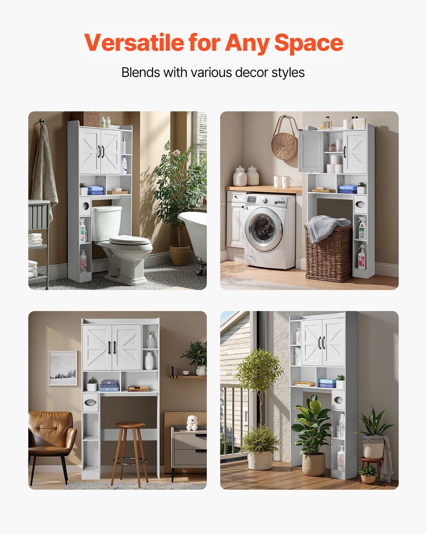 Over The Toilet Storage Cabinet, 168 cm Height Bathroom Storage Organizer with Double Door and Adjustable Shelf, Bathroom Space Saver Organizer Above Toilet with Open Shelf, White