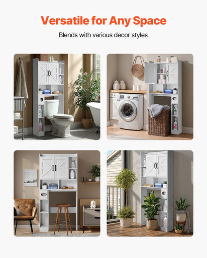 Over The Toilet Storage Cabinet, 168 cm Height Bathroom Storage Organizer with Double Door and Adjustable Shelf, Bathroom Space Saver Organizer Above Toilet with Open Shelf, White