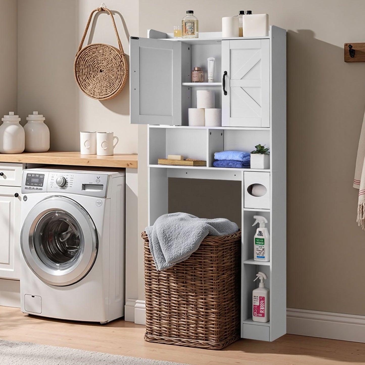 Over The Toilet Storage Cabinet, 168 cm Height Bathroom Storage Organizer with Double Door and Adjustable Shelf, Bathroom Space Saver Organizer Above Toilet with Open Shelf, White