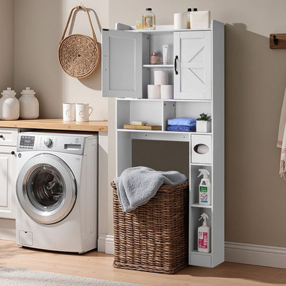 Over The Toilet Storage Cabinet, 168 cm Height Bathroom Storage Organizer with Double Door and Adjustable Shelf, Bathroom Space Saver Organizer Above Toilet with Open Shelf, White