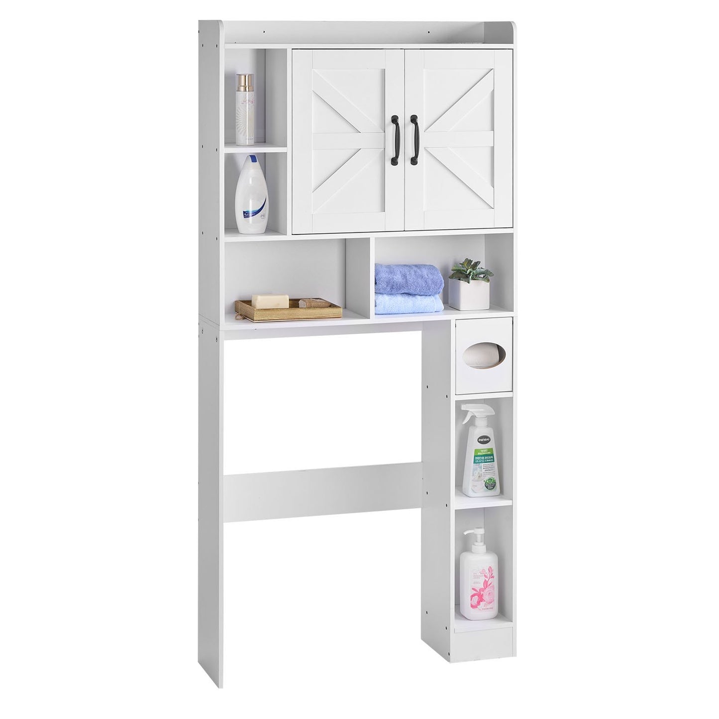 Over The Toilet Storage Cabinet, 168 cm Height Bathroom Storage Organizer with Double Door and Adjustable Shelf, Bathroom Space Saver Organizer Above Toilet with Open Shelf, White