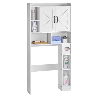 Over The Toilet Storage Cabinet, 168 cm Height Bathroom Storage Organizer with Double Door and Adjustable Shelf, Bathroom Space Saver Organizer Above Toilet with Open Shelf, White