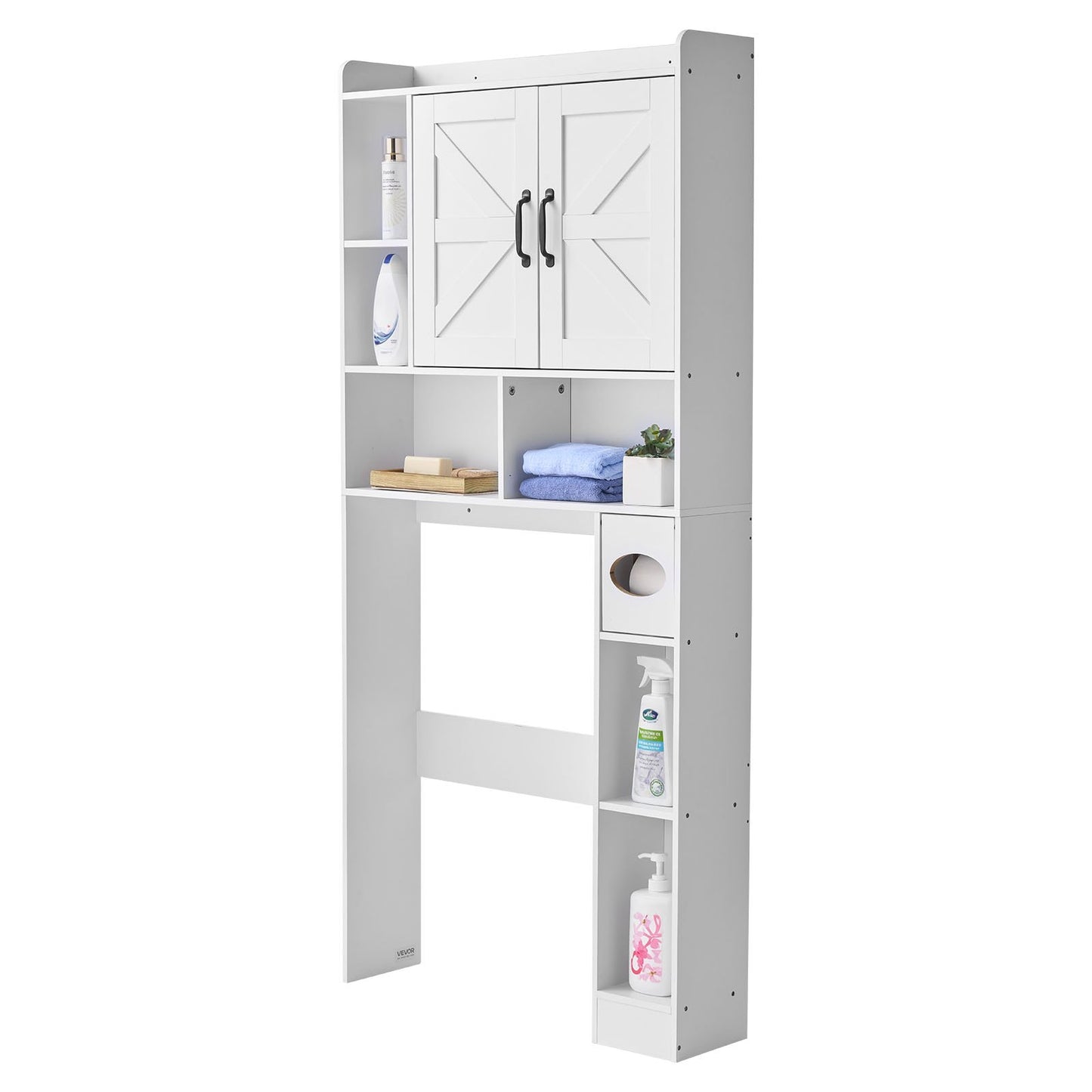 Over The Toilet Storage Cabinet, 168 cm Height Bathroom Storage Organizer with Double Door and Adjustable Shelf, Bathroom Space Saver Organizer Above Toilet with Open Shelf, White