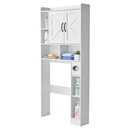Over The Toilet Storage Cabinet, 168 cm Height Bathroom Storage Organizer with Double Door and Adjustable Shelf, Bathroom Space Saver Organizer Above Toilet with Open Shelf, White