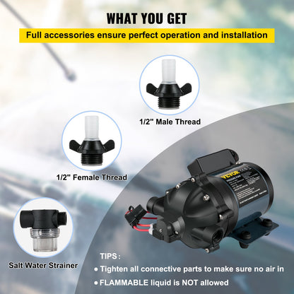Deckwaschpumpe, 12 V DC, 26 l/min (7 GPM), 4 bar (60 PSI), max. 3 m Förderhöhe, selbstansaugend, mit EPDM-Ventil, universellem Salzwasserfilter und Innen-/Außengewinde, für Wohnmobile, Bootsdecks und Yachten